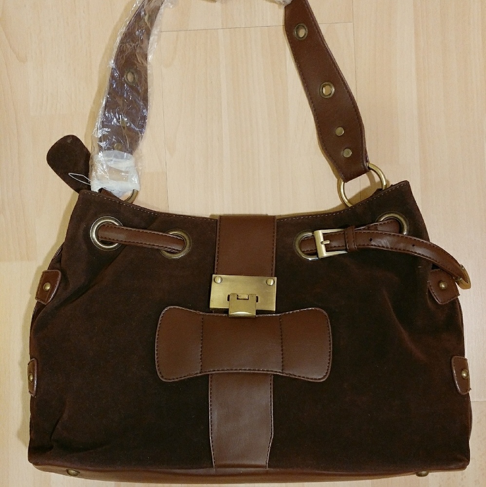 New Large Brown Velor  metal accent bag